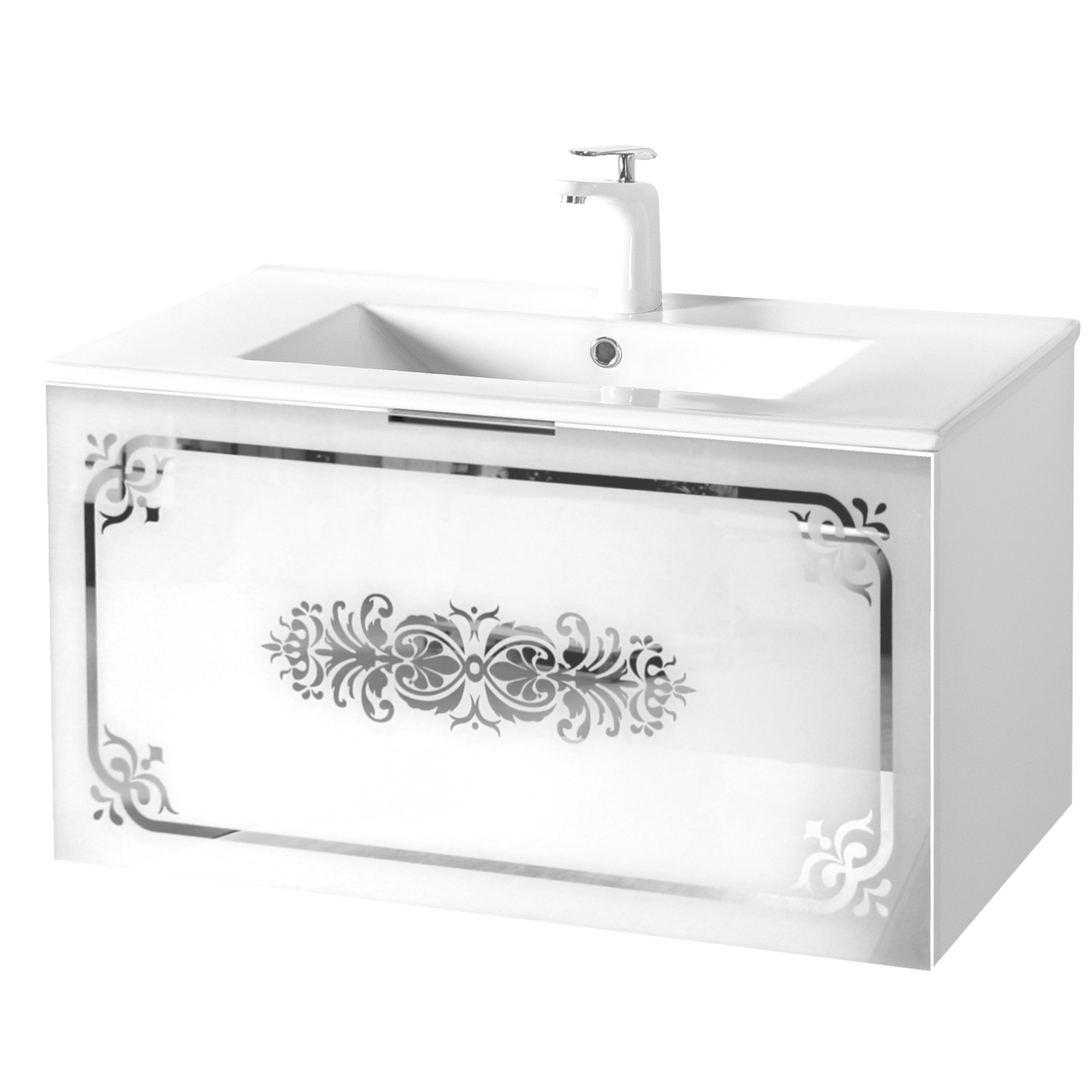 Szafka łazienkowa ze srebrnym lustrzanym ornamentem biała 80cm