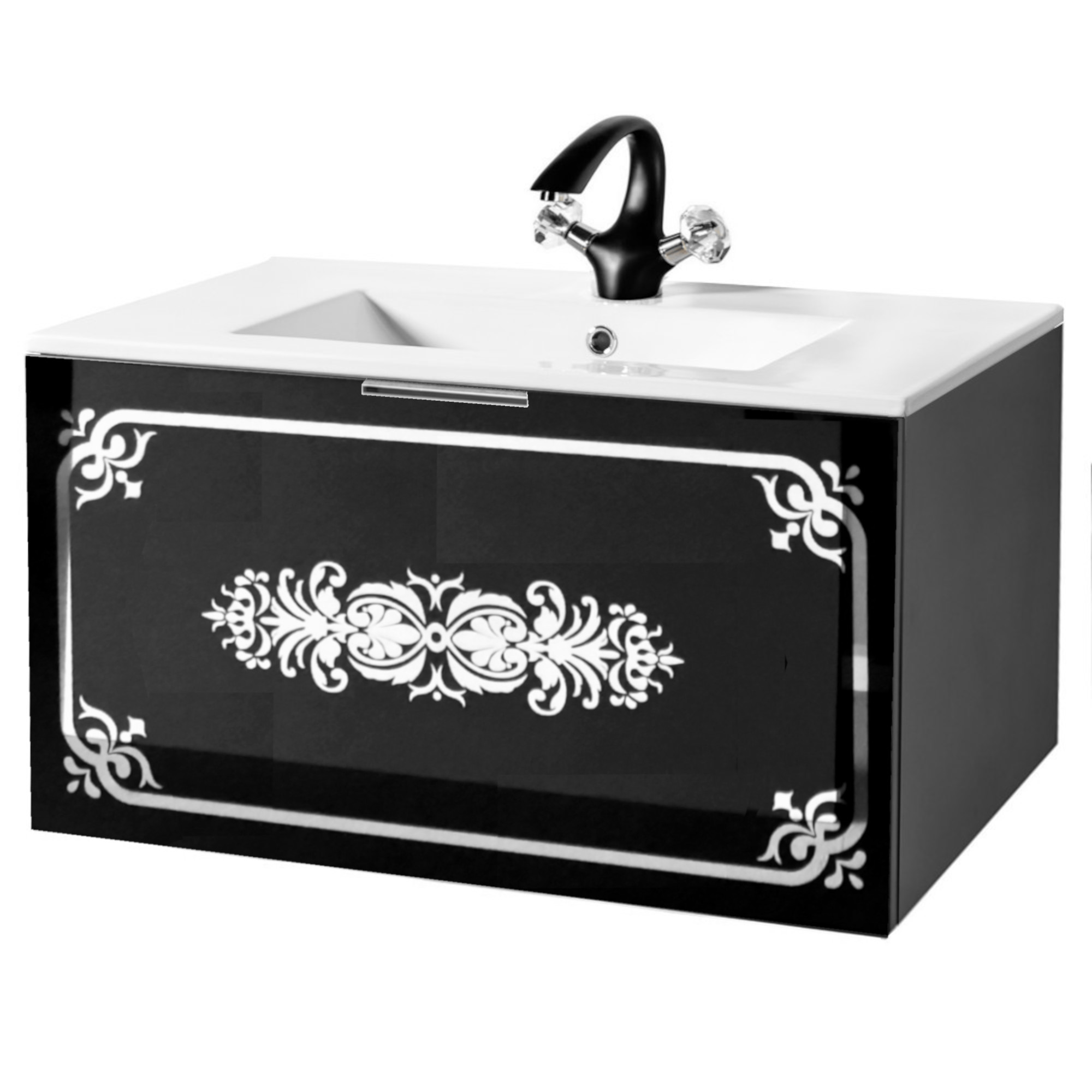 Szafka łazienkowa czarna 80 cm ze srebrnym ornamentem sanitti vintage
